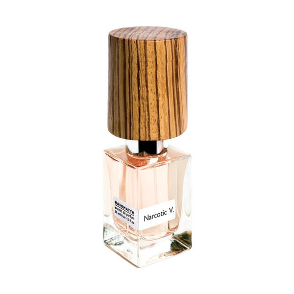 A bottle of perfume labeled "Nasomatto Narcotic Venus." The rectangular bottle features a clear base, light pink liquid inside, and a brown wooden cap. This fragrance encapsulates an essence of female sexual power with its intoxicating blend.