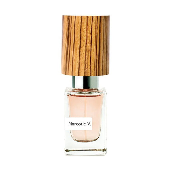 A clear glass bottle labeled "Narcotic Venus" from Nasomatto, with a wooden cap, containing a peach-colored liquid exuding an irresistible fragrance.