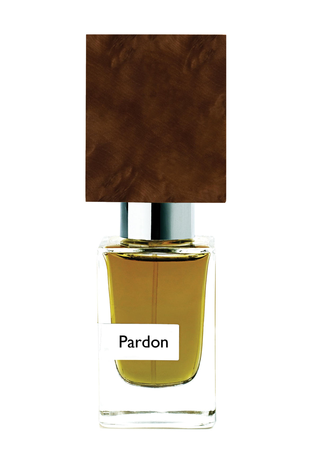 A clear glass perfume bottle with a dark brown squared cap and a label reading "Pardon" from Nasomatto exudes masculine elegance.