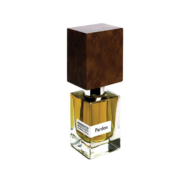 The "Pardon" by Nasomatto is a clear, rectangular glass perfume bottle featuring a brown, cube-shaped cap and filled with amber-colored liquid, perfectly capturing masculine elegance.