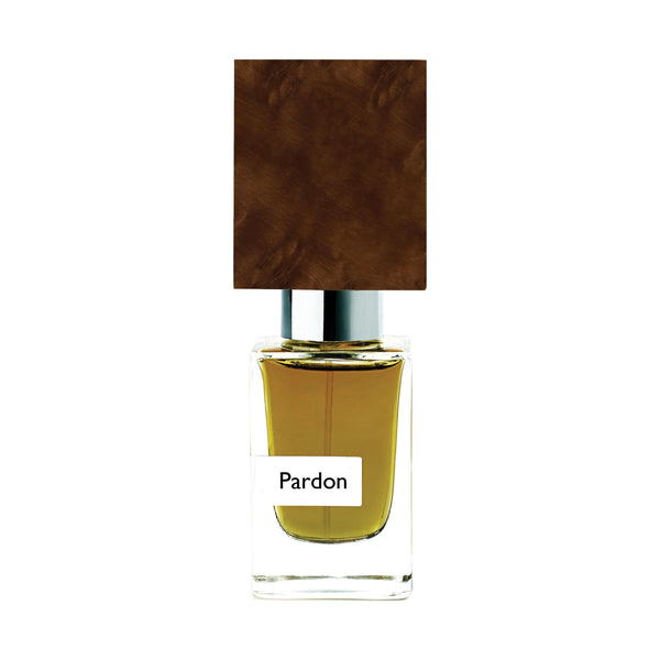 A clear glass perfume bottle with a dark brown squared cap and a label reading "Pardon" from Nasomatto exudes masculine elegance.