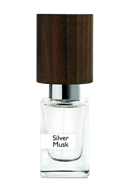 A clear bottle labeled "Silver Musk" by Nasomatto, featuring a brown wooden cap and containing a light-colored liquid.