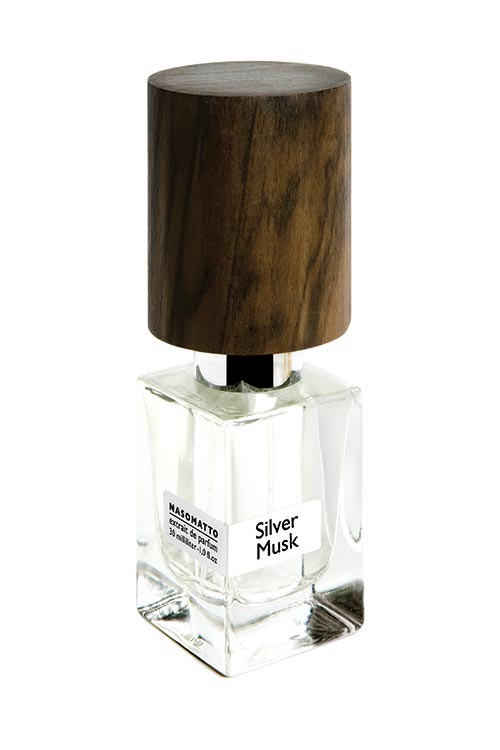 Presented in a clear glass bottle with a wooden cap, "Silver Musk" by Nasomatto captures the essence of refined elegance.