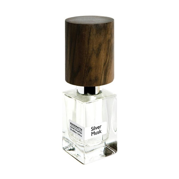 Presented in a clear glass bottle with a wooden cap, "Silver Musk" by Nasomatto captures the essence of refined elegance.