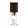 A clear bottle labeled "Silver Musk" by Nasomatto, featuring a brown wooden cap and containing a light-colored liquid.