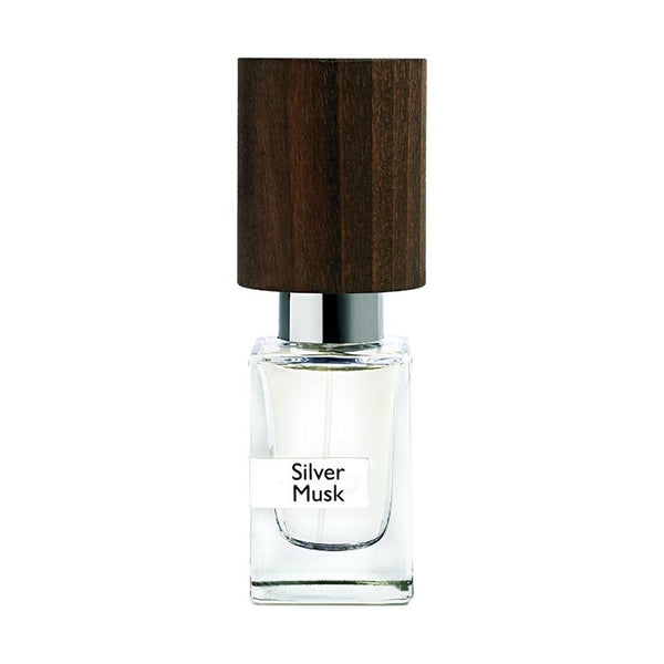 A clear bottle labeled "Silver Musk" by Nasomatto, featuring a brown wooden cap and containing a light-colored liquid.