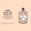 Perfume magazine issue open spread with title text and ornate illustration on peach background