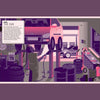Perfume magazine issue illustrated page with car garage scene and cartoon style vehicles