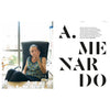 Perfume and Art magazine spread with seated photo and bold black typography