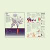 Perfume and Art magazine spread with purple tree illustration and labeled infographic