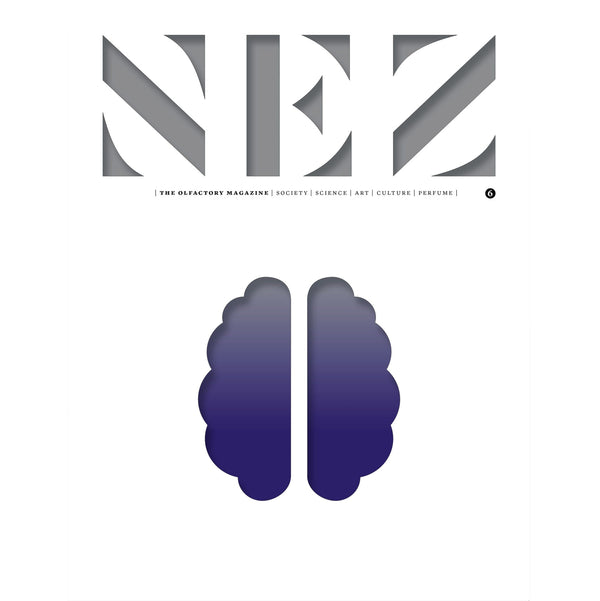 Abstract magazine cover page with navy and violet brain-like logo and large lettering