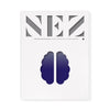 Magazine cover with large lettering at top and navy violet brain-like logo at center