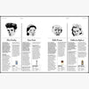 Magazine spread with four illustrated faces and multiple columns of person profiles.