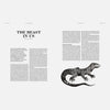 Black-and-white lizard illustration on book spread, stretched to the right