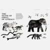 Black-and-white animal illustrations and silhouettes on book spread with article text