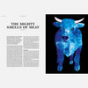 Blue watercolor-style cow illustration with horns on book page with article text