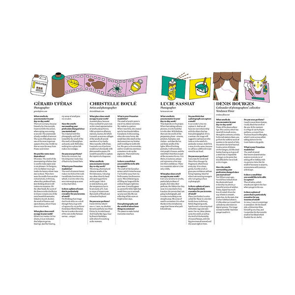 Colorful magazine article spread with multiple columns and small illustrated icons.