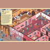 Colorful illustrated scene of an indoor beauty salon with many small characters.