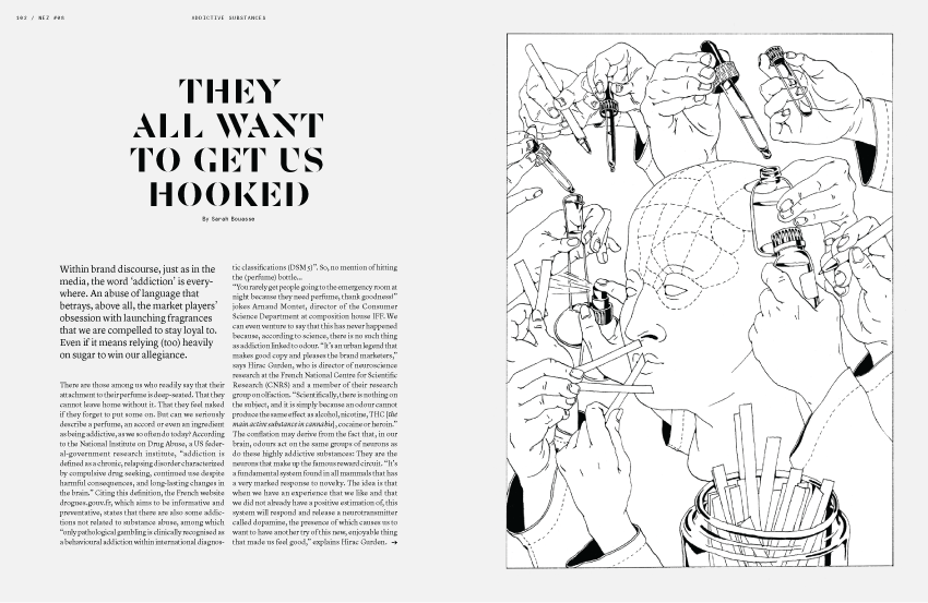 Black and white editorial illustration showing multiple hands performing cosmetic procedures on a person's face. Title reads "THEY ALL WANT TO GET US HOOKED" alongside body text, evoking the addictive allure of transformation, much like Addictive Substances, Nez 08 Autumn 2019 by Nez.