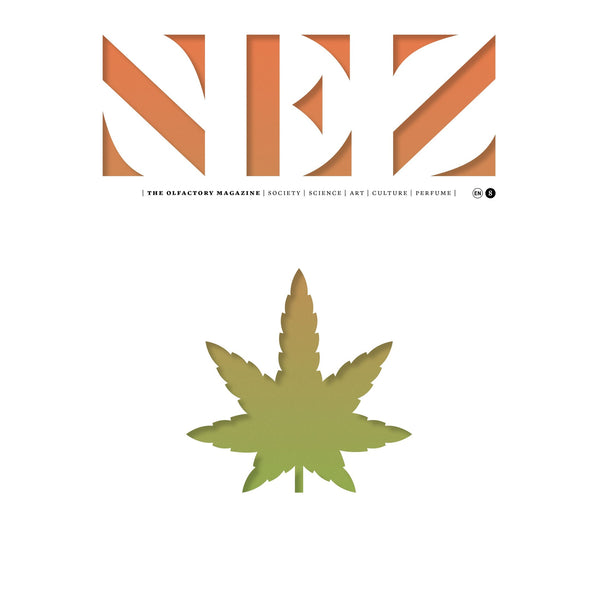 Cover of "Addictive Substances, Nez 08 Autumn 2019" featuring a gradient green cannabis leaf logo in the center, capturing the essence of fragrance. The magazine's title is emblazoned in large, addictive orange letters at the top.