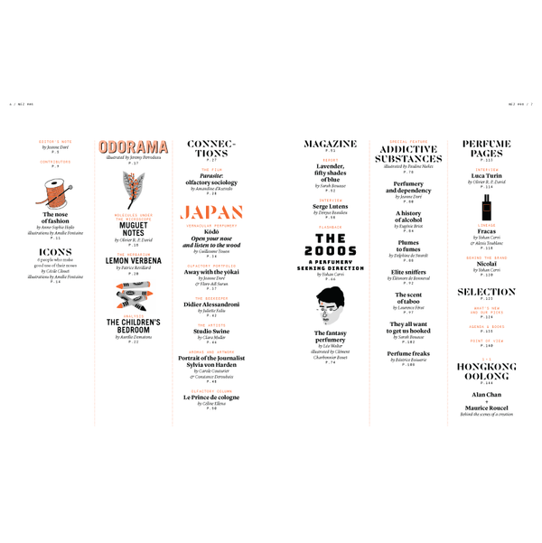 Table of contents with sections on Odorama, Japan, Magazine, Addictive Substances, Nez 08 Autumn 2019 by Nez, Perfume Pages, Icons, Lemon Verbena, The Children's Bedroom, and Selections. Dive deep into the world of fragrance with insights into addictive aromas and captivating scents.