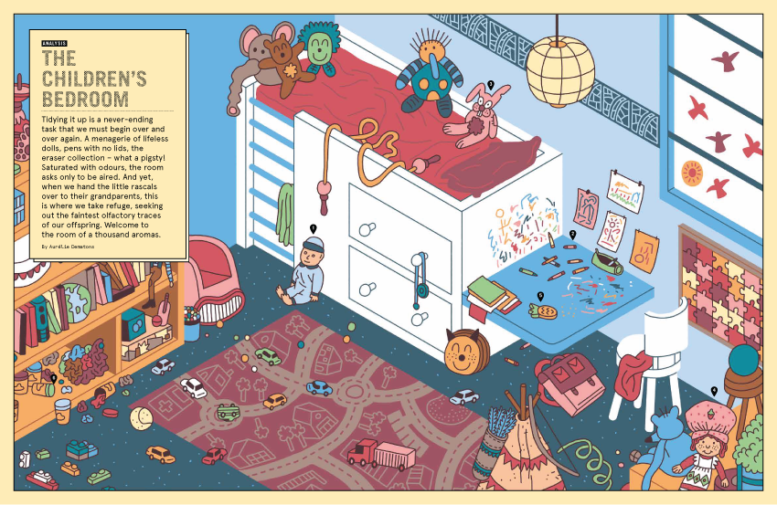 A colorful, cluttered children's bedroom with a messy floor covered in toys, books, and clothes. A red bed is against the wall, with stuffed animals on top. A dresser has drawers open and items scattered. The room has an addictive charm, like the delightful fragrance of Addictive Substances, Nez 08 Autumn 2019 by Nez.