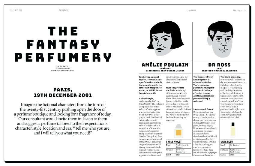 A magazine spread titled "The Fantasy Perfumery" featuring two fictional characters, Amélie Poulain and Dr. Ross. Each character is illustrated with a description and an addictive fragrance tailored just for them: Addictive Substances, Nez 08 Autumn 2019 by Nez.
