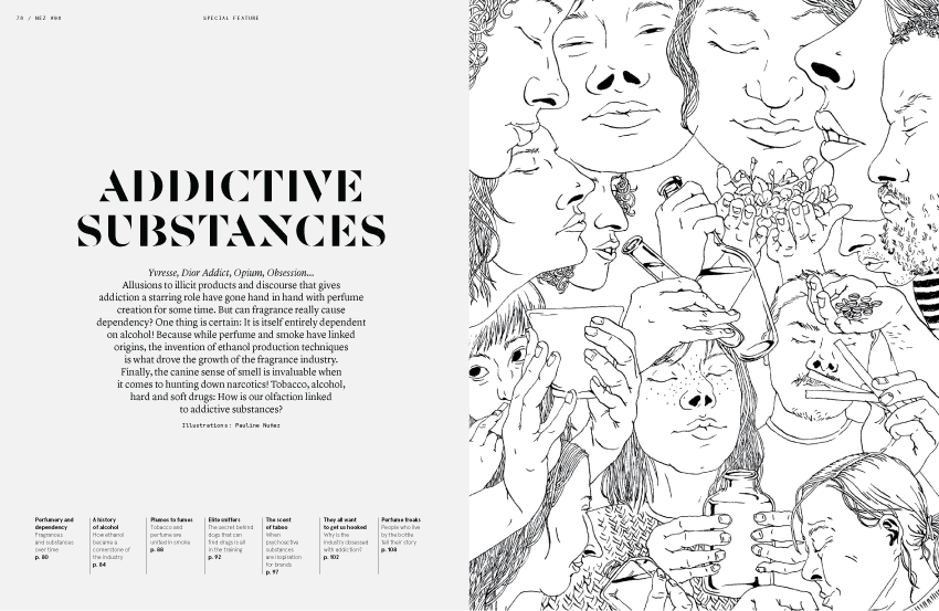 Black and white illustration of various faces engaging with Addictive Substances, Nez 08 Autumn 2019, including smoking, drinking, and taking pills. Text on the left describes addiction and its consequences, drawing parallels to how an alluring fragrance can deceptively mask the harmful effects of these behaviors.