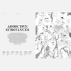 Black and white illustration of various faces engaging with Addictive Substances, Nez 08 Autumn 2019, including smoking, drinking, and taking pills. Text on the left describes addiction and its consequences, drawing parallels to how an alluring fragrance can deceptively mask the harmful effects of these behaviors.