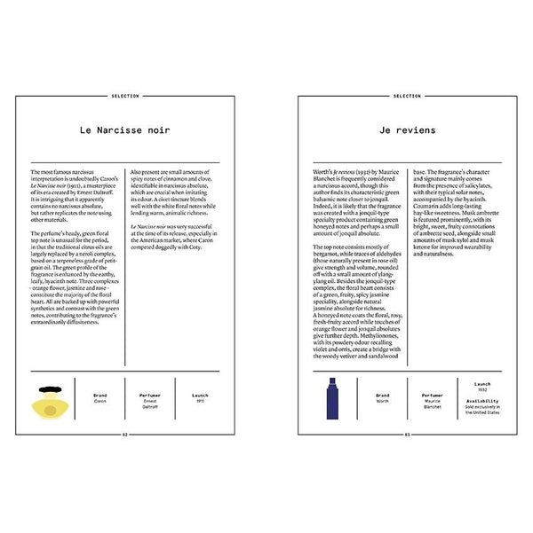 Narcissus perfume booklet spread with two text columns and small brand labels