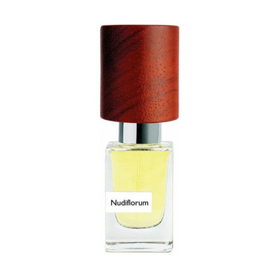 Nudiflorum perfume bottle with dark red-brown cylindrical cap and pale yellow liquid