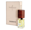 Perfume bottle with dark red-brown cylindrical cap, pale yellow liquid, and retail box