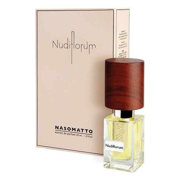 Perfume bottle with dark red-brown cylindrical cap, pale yellow liquid, and retail box