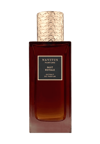 Night Royale perfume bottle, burgundy glass with gold cap and label