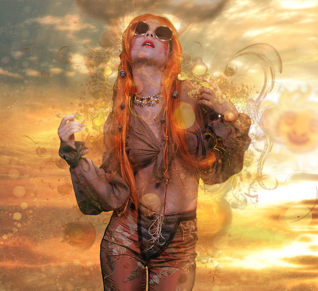 A person with long red hair, wearing sunglasses and patterned clothing, stands against a vibrant, abstract background featuring warm colors and swirls, as if embodying the essence of Ikiryo Orange Sunshine.