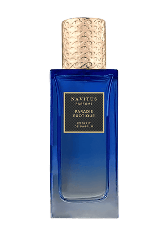 Blue glass perfume bottle with patterned pale gold cap and square label
