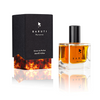 A 30 ml bottle of Baruti's Perverso extrait de parfum, a unisex gourmand scent featuring a chocolate hazelnut accord, is displayed beside its black rectangular packaging adorned with a flame pattern at the bottom. This captivating fragrance is ideal for anyone who appreciates bold and enticing scents.