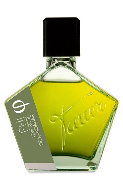 A green pentagon-shaped perfume bottle labeled "Phi Une Rose de Kandahar" with a black cap and the brand name "Tauer Perfumes" embossed on the front, exuding a luxurious scent crafted from rare rose oil and natural raw materials.