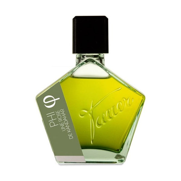 A green pentagon-shaped perfume bottle labeled "Phi Une Rose de Kandahar" with a black cap and the brand name "Tauer Perfumes" embossed on the front, exuding a luxurious scent crafted from rare rose oil and natural raw materials.