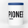 White cylindrical candle with blue top band and PIONEER TASMANIA label