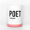 White pillar candle with pink band and POET HANGZHOU label