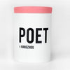 White cylindrical candle with pink lid and POET HANGZHOU label