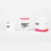 Three white candles with pink lids, POET HANGZHOU branding