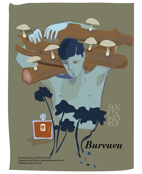 Illustration of a person carrying logs sprouting mushrooms. Trees and a perfume bottle labeled "Burvuvu" are in the foreground, with the "January Scent Project" brand name highlighted. The scent features notes of Musk, Cedar, and Amber. Contact information at the bottom refers to this Eau de Parfum project.