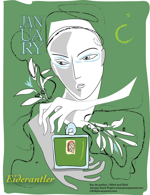 Stylized illustration of a figure holding a perfume bottle labeled "Eiderantler." Text reads "JANUARY SCENT PROJECT," "Eiderantler," and lists product details and the website URL. Infused with notes of Ivy Fougère, it's perfect for green and white color scheme lovers seeking an Eau de Parfum.