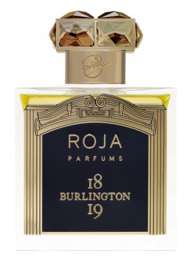 A bottle of Roja Parfums "Burlington 1819" citrus perfume, featuring a decorative gold and dark label with ornate designs, and a gold, gem-like capped top.