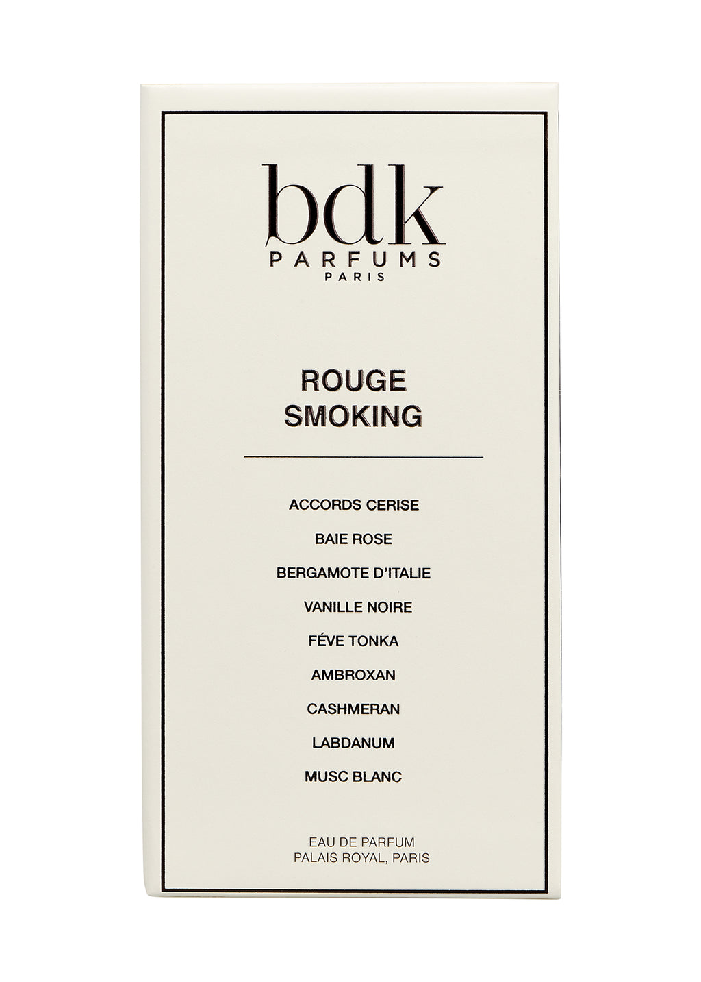 A box of BDK Parfums exudes Parisian glam. The "Rouge Smoking" label reveals notes including Accords Cerise, Baie Rose, Italian Bergamot, Vanille Noire, Fève Tonka, Ambroxan, Cashmeran, Labdanum, and Musc Blanc.