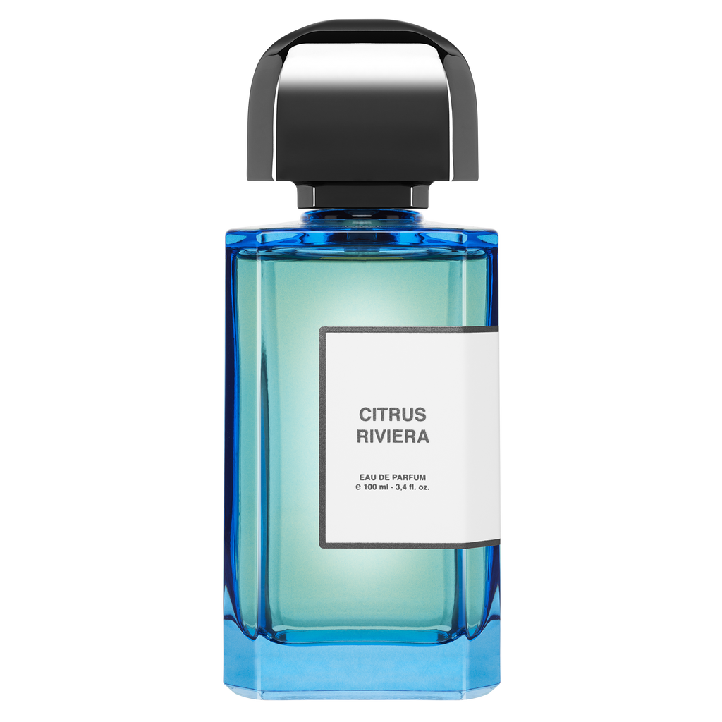 A blue rectangular perfume bottle labeled "Citrus Riviera" by BDK Parfums with a black cap. The label indicates it is Eau de Parfum, 100 ml, 3.4 fl. oz., featuring the essence of Moroccan Neroli and White Musk.