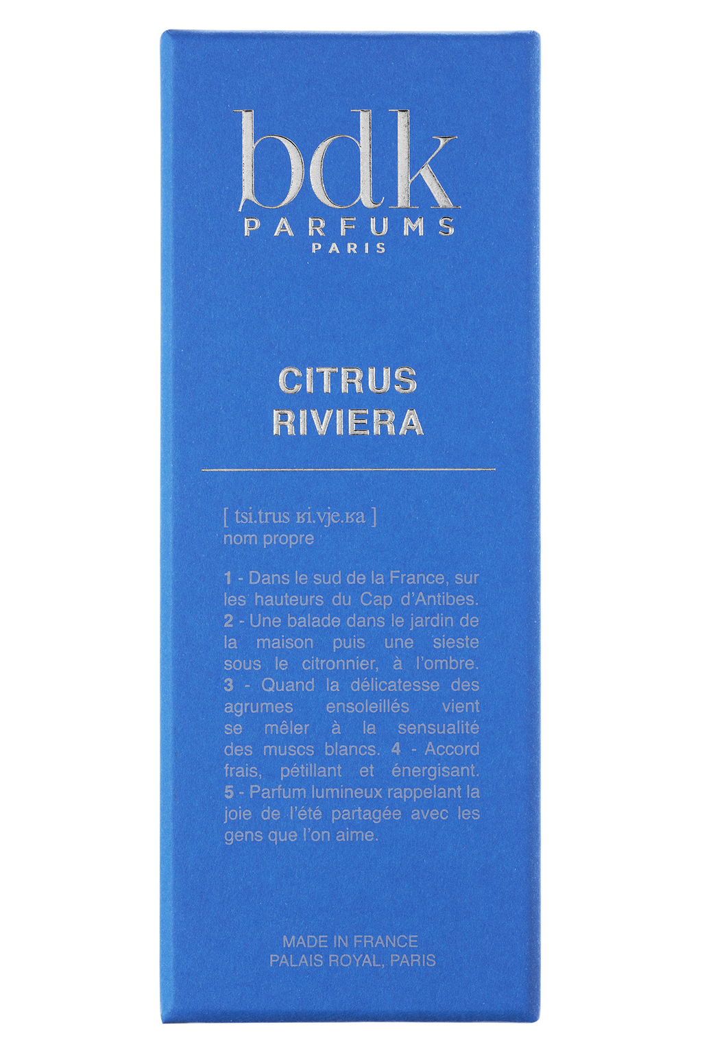 Blue box with "BDK Parfums Paris" in white, "Citrus Riviera" in yellow, and French text on the front, infused with notes of Moroccan Neroli. At the bottom, it reads "MADE IN FRANCE PALAIS ROYAL PARIS.