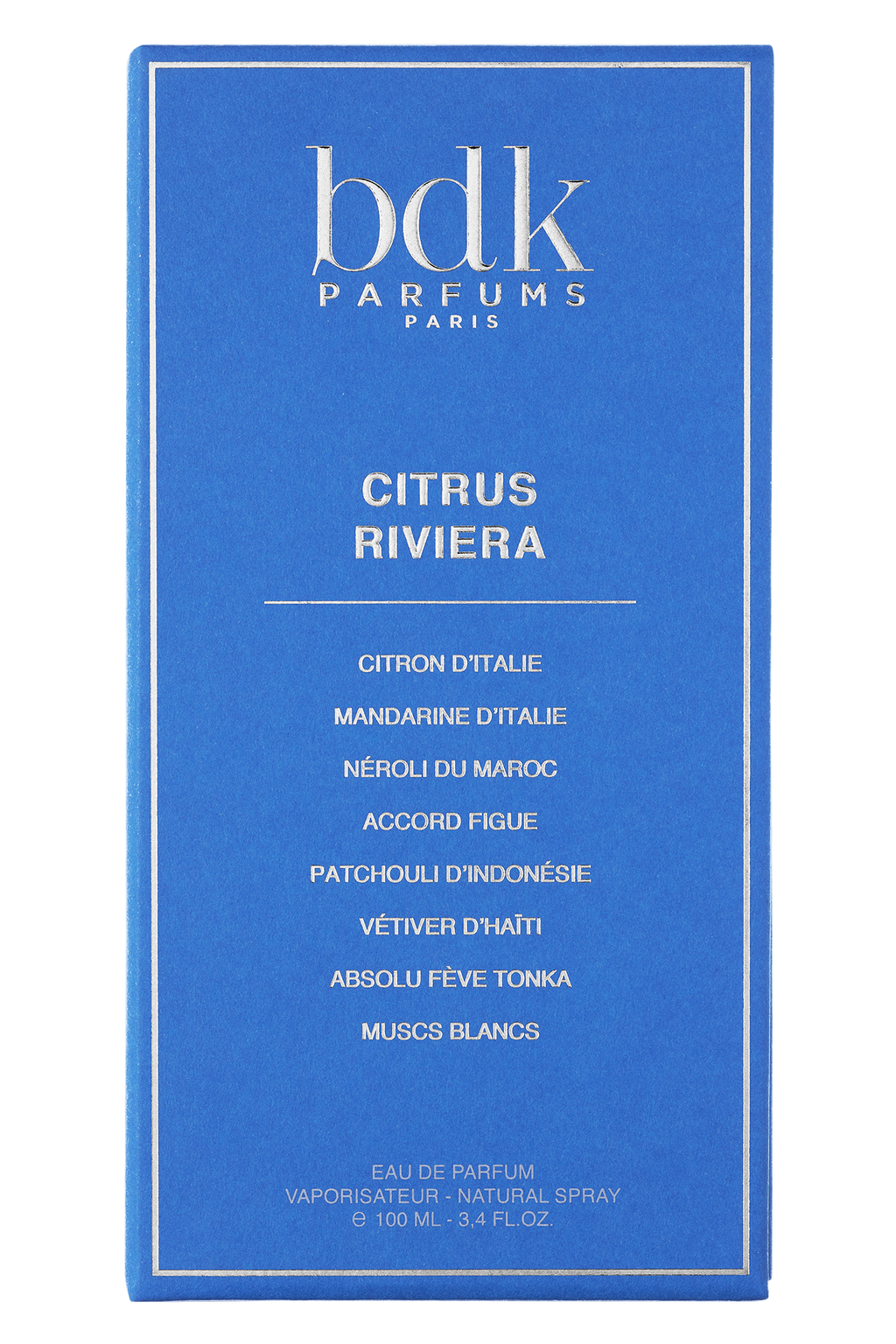A blue BDK Parfums box labeled "Citrus Riviera," listing its notes: Italian lemon, Italian mandarin, Moroccan neroli, fig accord, Indonesian patchouli, Haitian vetiver, tonka bean absolute, white musks. This fragrance evokes the essence of Cap d'Antibes with its invigorating and luxurious scent.